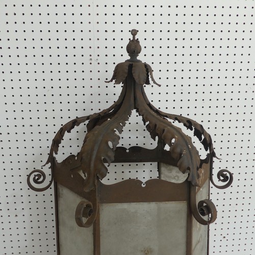 382 - A large 19th century French style wrought Iron Lantern / street Light, pediment with decorative scro... 