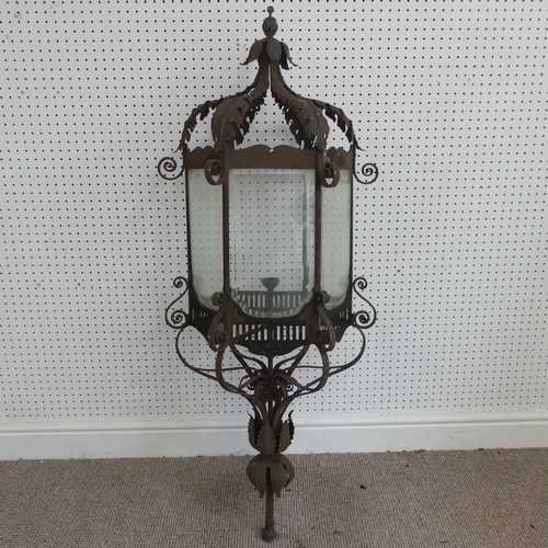 382 - A large 19th century French style wrought Iron Lantern / street Light, pediment with decorative scro... 