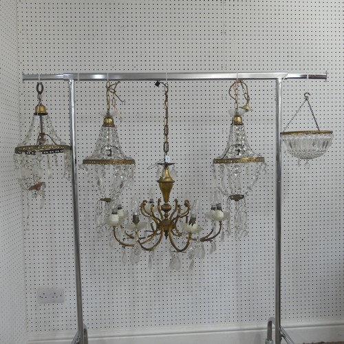 383 - An antique French style eight light brass Chandelier, with scrolled branches and glass lustre drops,... 