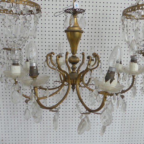 383 - An antique French style eight light brass Chandelier, with scrolled branches and glass lustre drops,... 