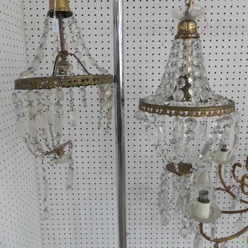 383 - An antique French style eight light brass Chandelier, with scrolled branches and glass lustre drops,... 