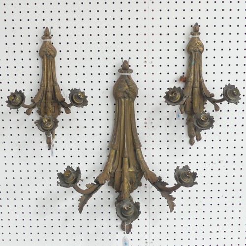 384 - A large antique gilt metal three light Wall Sconce, with foliate designs, L 60 cm, together a matchi... 