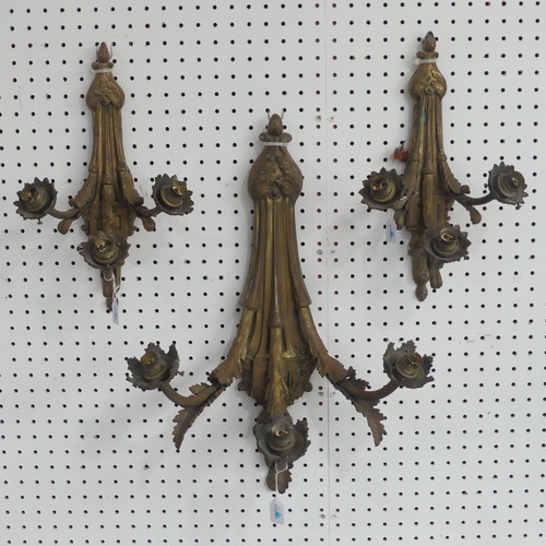 384 - A large antique gilt metal three light Wall Sconce, with foliate designs, L 60 cm, together a matchi... 