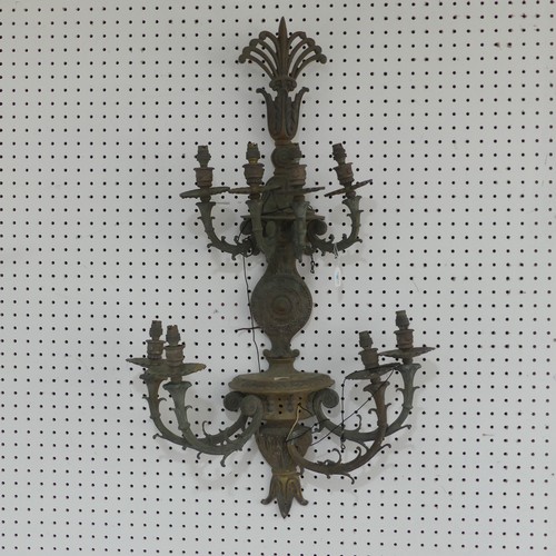 386 - A large antique gilt metal nine branch wall Sconce, foliate pediment over four scrolled branches, ab... 