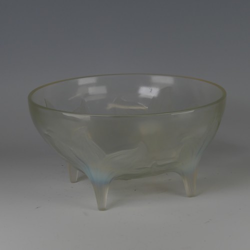 7 - An R. Lalique 'Lys' pattern opalescent glass Bowl, no. 382, raised on four stylised legs, with etche... 