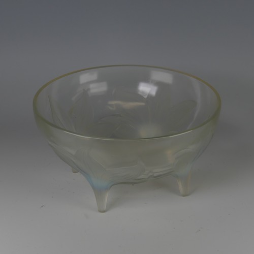 7 - An R. Lalique 'Lys' pattern opalescent glass Bowl, no. 382, raised on four stylised legs, with etche... 