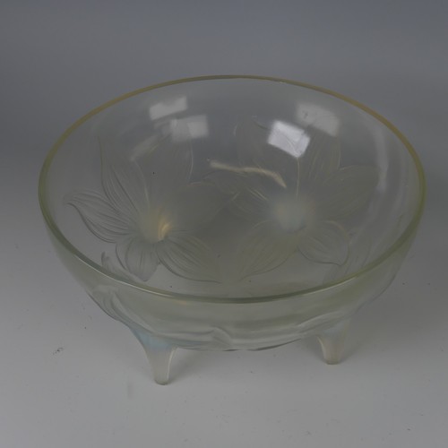 7 - An R. Lalique 'Lys' pattern opalescent glass Bowl, no. 382, raised on four stylised legs, with etche... 