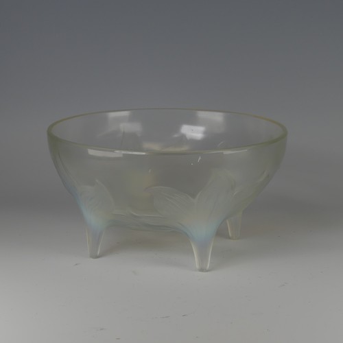 6 - An R. Lalique 'Lys' pattern opalescent glass Bowl, no. 382, raised on four stylised legs, with etche... 