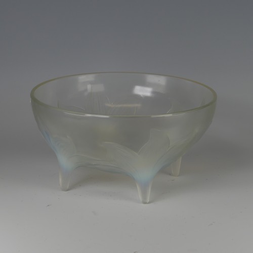 6 - An R. Lalique 'Lys' pattern opalescent glass Bowl, no. 382, raised on four stylised legs, with etche... 