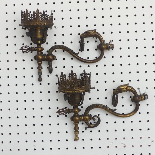 388 - A pair of possibly 19th century gilt metal wall Sconces / Lights, with scrolled and foliate decorati... 