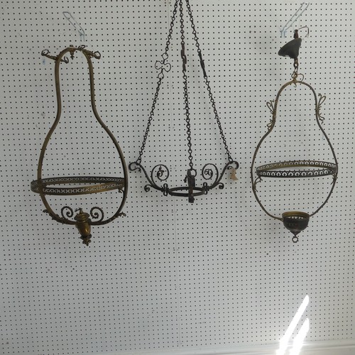 390 - An antique Gothic style wrought iron Chandelier, with three scrolled arms, W 55 cm, together with an... 