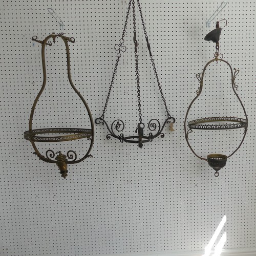 390 - An antique Gothic style wrought iron Chandelier, with three scrolled arms, W 55 cm, together with an... 