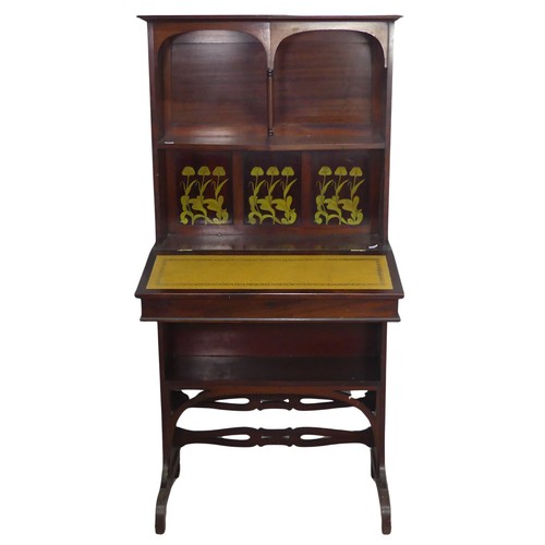 422 - An Arts and Crafts mahogany students Bureau, by Oetzmann & co, top over open shelf and Art Nouve... 