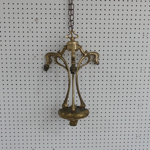 400 - An antique gilt metal Art Nouveau style three light Chandelier, note with some losses, W 31 cm x H 5... 