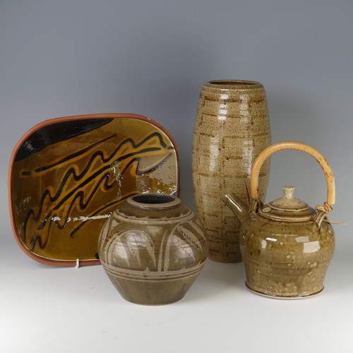 45 - Denise Wren (1891-1979) a studio pottery Sleeve Vase, oatmeal glaze and tenmoku decorations, incised... 