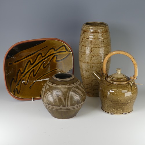 45 - Denise Wren (1891-1979) a studio pottery Sleeve Vase, oatmeal glaze and tenmoku decorations, incised... 