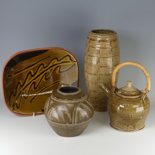 45 - Denise Wren (1891-1979) a studio pottery Sleeve Vase, oatmeal glaze and tenmoku decorations, incised... 