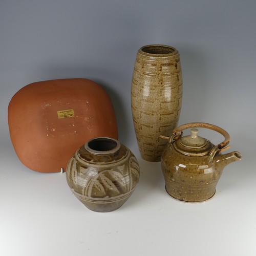 45 - Denise Wren (1891-1979) a studio pottery Sleeve Vase, oatmeal glaze and tenmoku decorations, incised... 