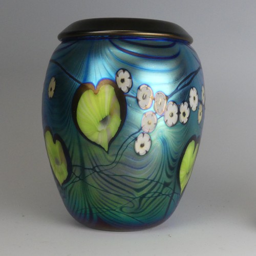 48 - A limited edition Okra iridescent glass Vase, decorated with waterlilies and lilypads, acid etched m... 