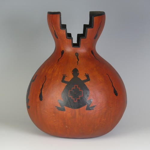 409 - An attractive hand-painted Gourd, titled 'Mimbres Frog Pot', dated 1991, H 26.5cm.