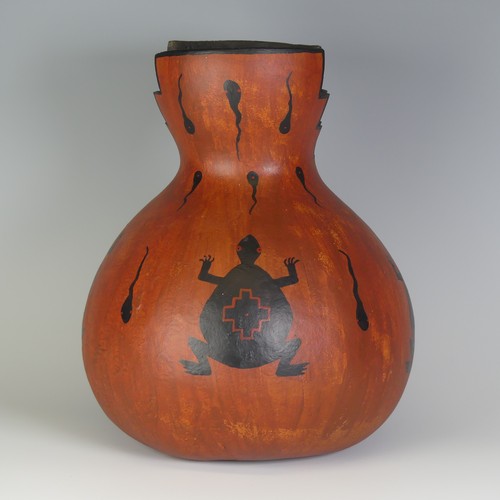 409 - An attractive hand-painted Gourd, titled 'Mimbres Frog Pot', dated 1991, H 26.5cm.