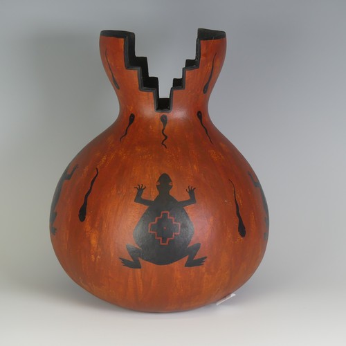 409 - An attractive hand-painted Gourd, titled 'Mimbres Frog Pot', dated 1991, H 26.5cm.