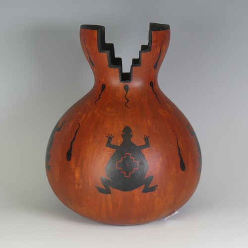 409 - An attractive hand-painted Gourd, titled 'Mimbres Frog Pot', dated 1991, H 26.5cm.