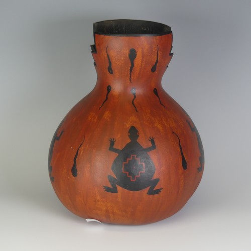 409 - An attractive hand-painted Gourd, titled 'Mimbres Frog Pot', dated 1991, H 26.5cm.