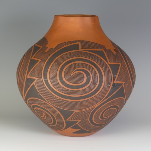 410 - A Myron Sarracino bulbous Vase, well decorated in geometric lines, signed to base, H 28cm.... 