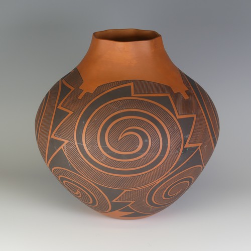 410 - A Myron Sarracino bulbous Vase, well decorated in geometric lines, signed to base, H 28cm.... 