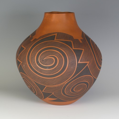 410 - A Myron Sarracino bulbous Vase, well decorated in geometric lines, signed to base, H 28cm.... 