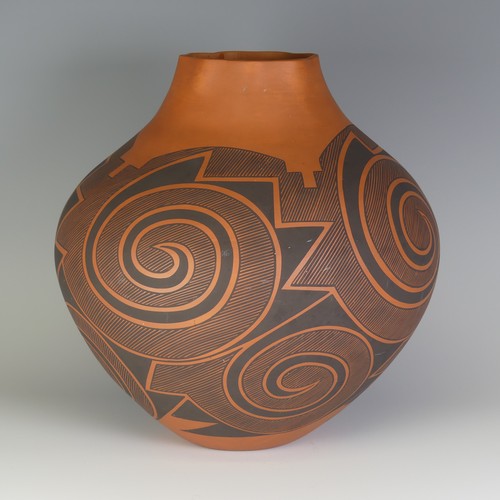 410 - A Myron Sarracino bulbous Vase, well decorated in geometric lines, signed to base, H 28cm.... 