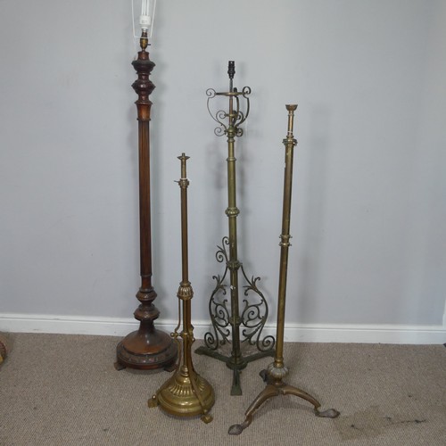 419 - An antique Art Nouveau style brass standard Lamp, H 150 cm, together with a carved mahogany standard... 