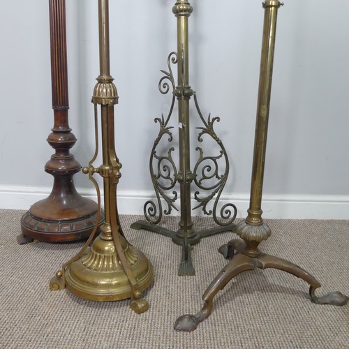 419 - An antique Art Nouveau style brass standard Lamp, H 150 cm, together with a carved mahogany standard... 