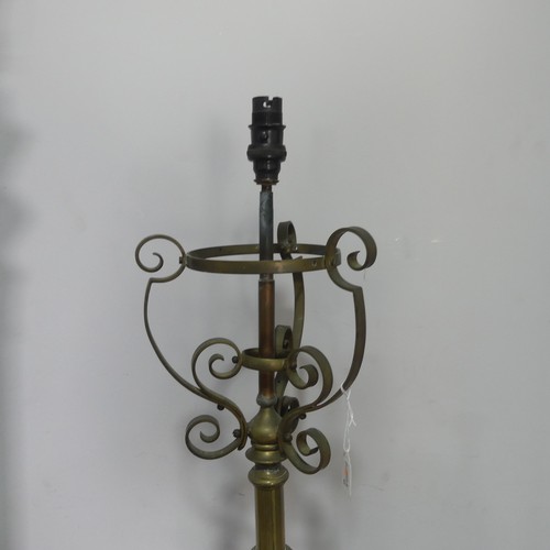 419 - An antique Art Nouveau style brass standard Lamp, H 150 cm, together with a carved mahogany standard... 