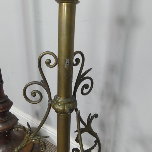 419 - An antique Art Nouveau style brass standard Lamp, H 150 cm, together with a carved mahogany standard... 