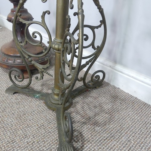 419 - An antique Art Nouveau style brass standard Lamp, H 150 cm, together with a carved mahogany standard... 