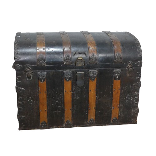 421 - An antique metal and oak bound dome-topped Trunk / Chest, the trunk and hinged lid with oak bound st... 