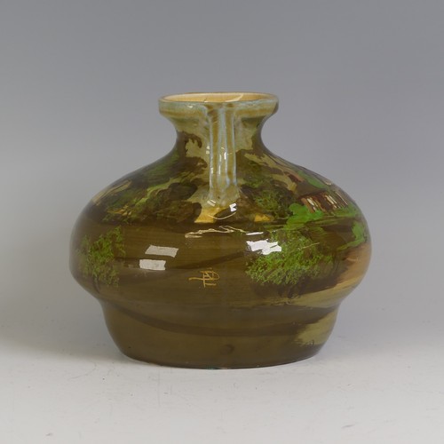 66 - A Thomas Forester and Sons pottery twin-handled squat Vase, decorated in stylised trees and cottages... 