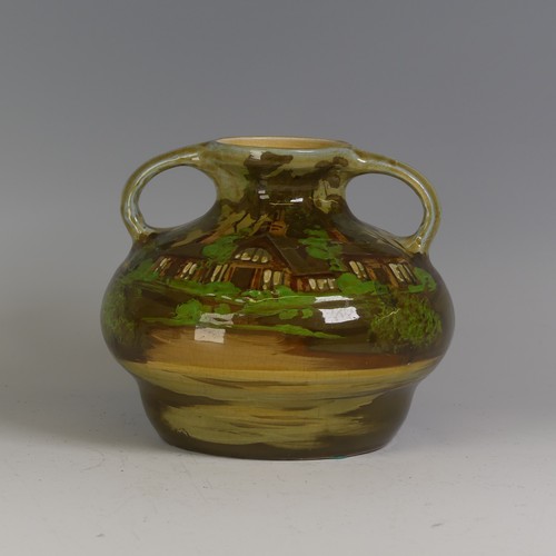 66 - A Thomas Forester and Sons pottery twin-handled squat Vase, decorated in stylised trees and cottages... 