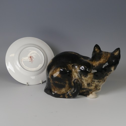 67 - A Jenny Winstanley studio pottery Cat, modelled in recumbent pose, pen marks to base, H 20cm togethe... 