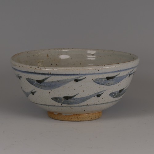 68 - Ursula Mommens (1908-2010) a studio pottery stoneware footed Bowl, with cobalt decoration of fish on... 