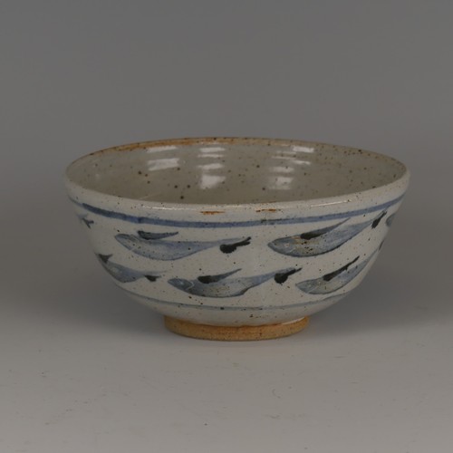 68 - Ursula Mommens (1908-2010) a studio pottery stoneware footed Bowl, with cobalt decoration of fish on... 