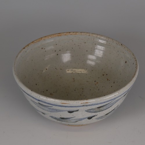 68 - Ursula Mommens (1908-2010) a studio pottery stoneware footed Bowl, with cobalt decoration of fish on... 