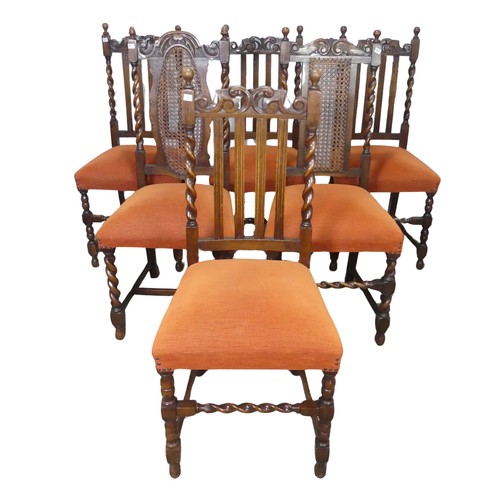 435 - A harlequin set of six oak dining Chairs, two with caned backrests, the other four with oak stick ba... 