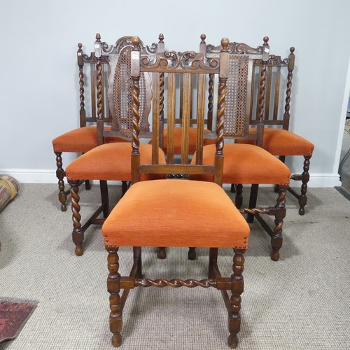 435 - A harlequin set of six oak dining Chairs, two with caned backrests, the other four with oak stick ba... 