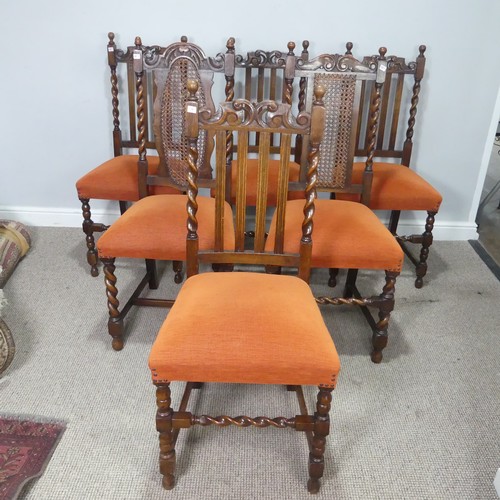 435 - A harlequin set of six oak dining Chairs, two with caned backrests, the other four with oak stick ba... 