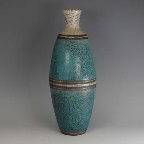 69 - Simon Leach (b. 1956) a studio pottery raku baluster Vase, decorated in turquoise and white, banded ... 