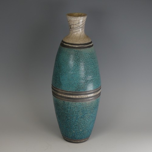 69 - Simon Leach (b. 1956) a studio pottery raku baluster Vase, decorated in turquoise and white, banded ... 