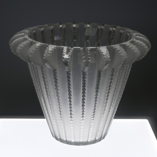 82 - A Lalique 'Royat' glass Vase, with frosted and clear glass tapering bands on the conical body, etche... 